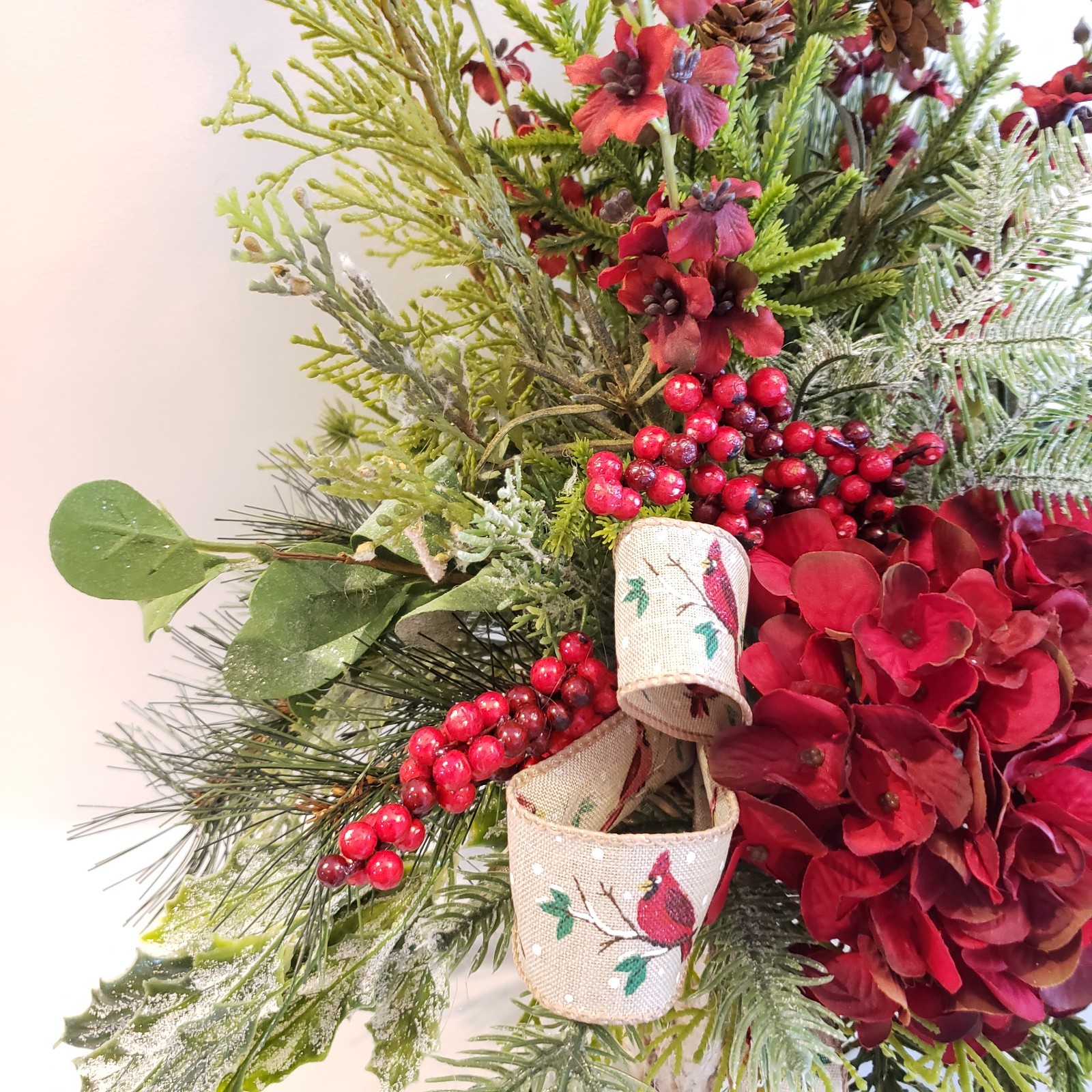 Winter Burgundy Hydrangea Arrangement with Cardinal, Memorial gift