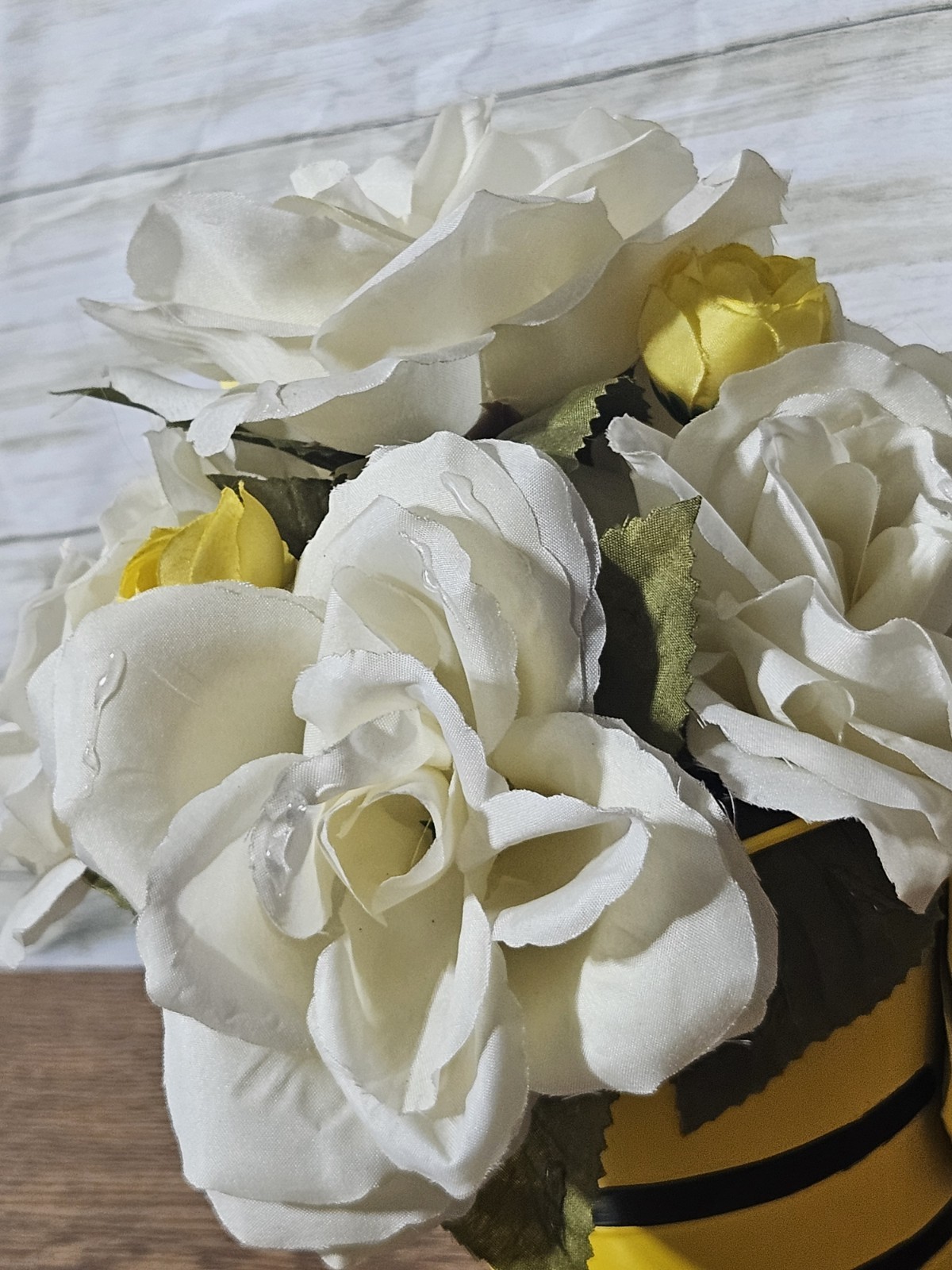 Homemade Bee Mine White Rose Flower Arrangement In A Yellow N Black Tin Bucket