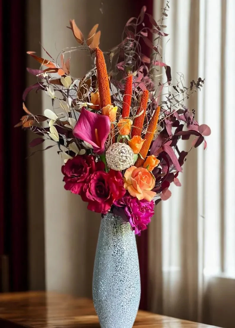 Flower Arrangement- Burgundy Orange Mauve Roses Tulips Hydrangea Centerpiece