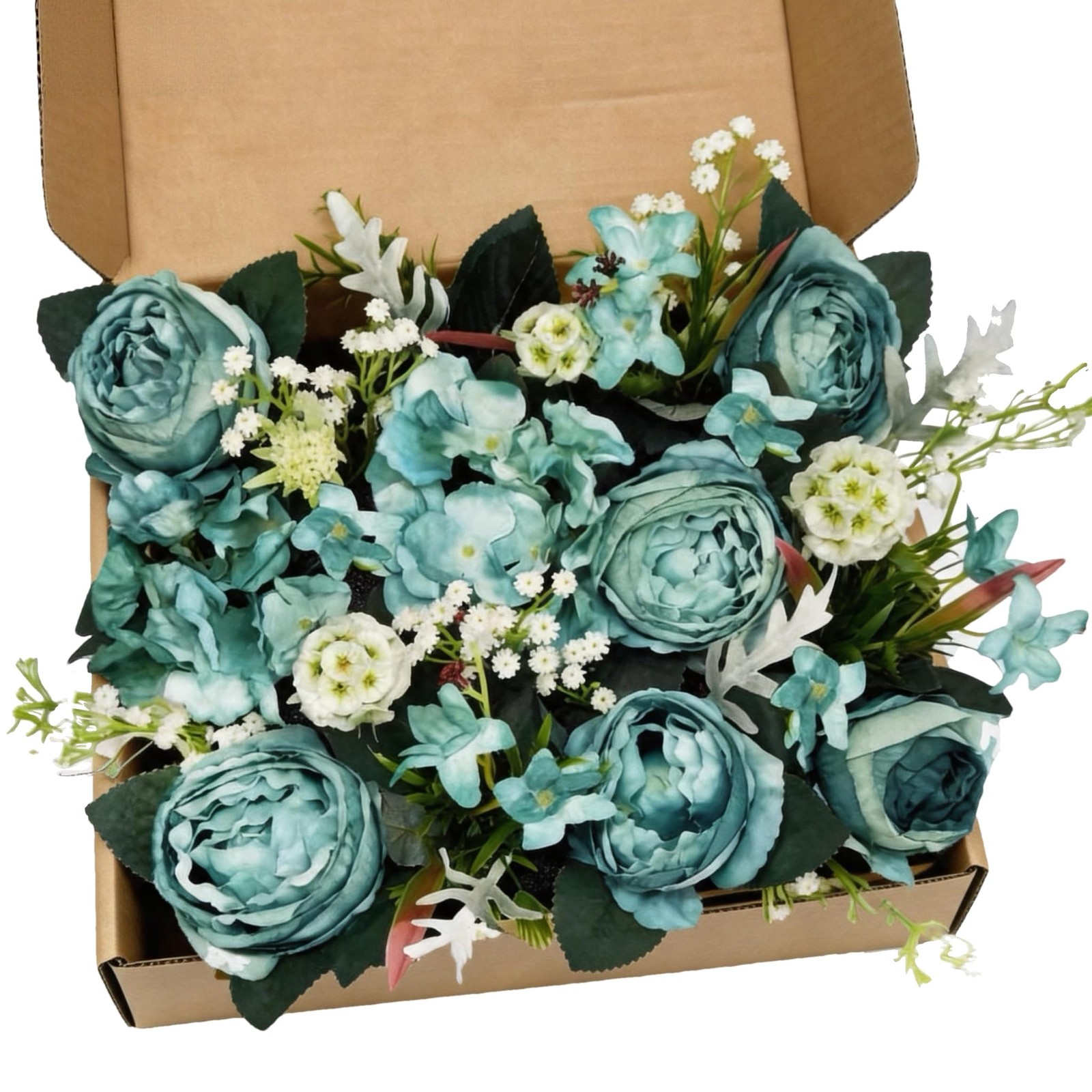 Turquoise Teal Blue Artificial Silk Rose Bouquet White Baby Breath Mixed