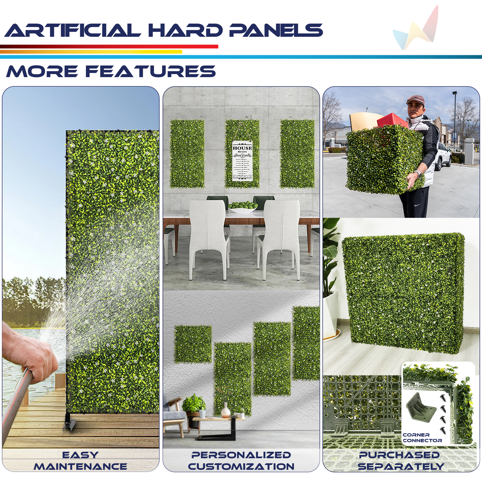 18×12″ Artificial White Flowers Mat Wall Hedge w/ Hard Back Outdoor Grass Panel