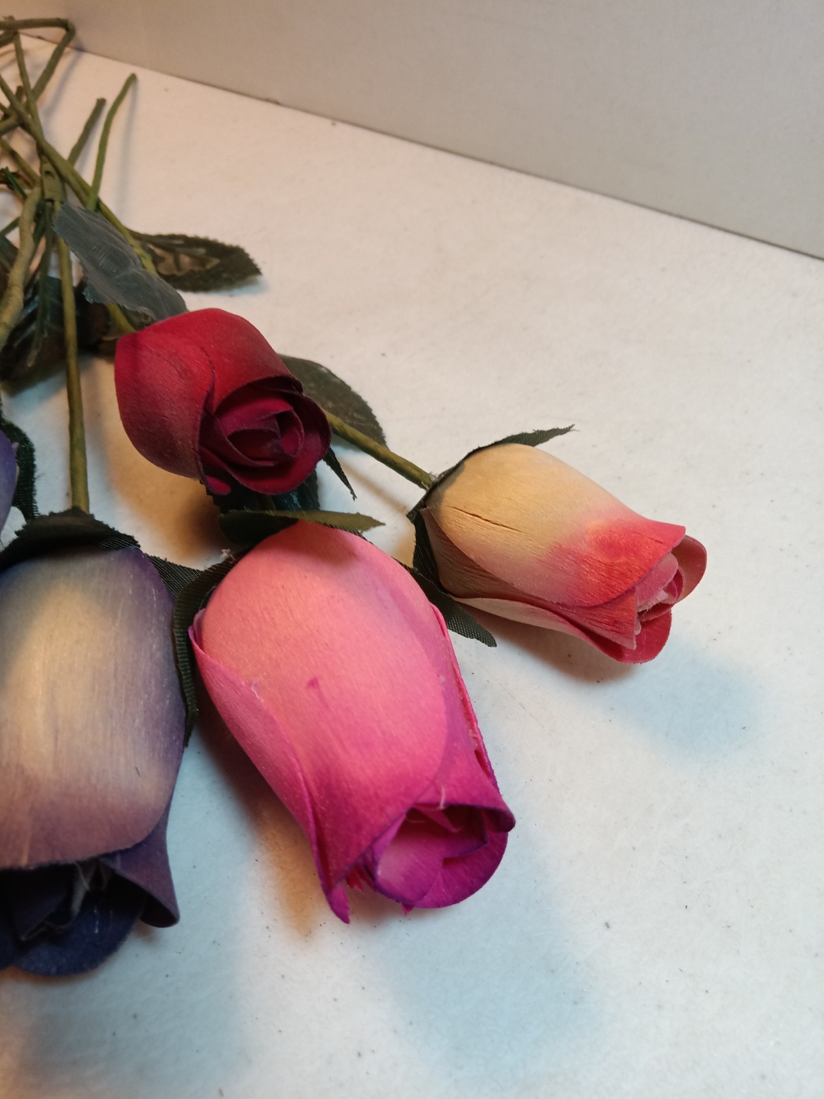 Bundle Of 17 Shaved Wood Rose Buds on stems, Assorted Colors