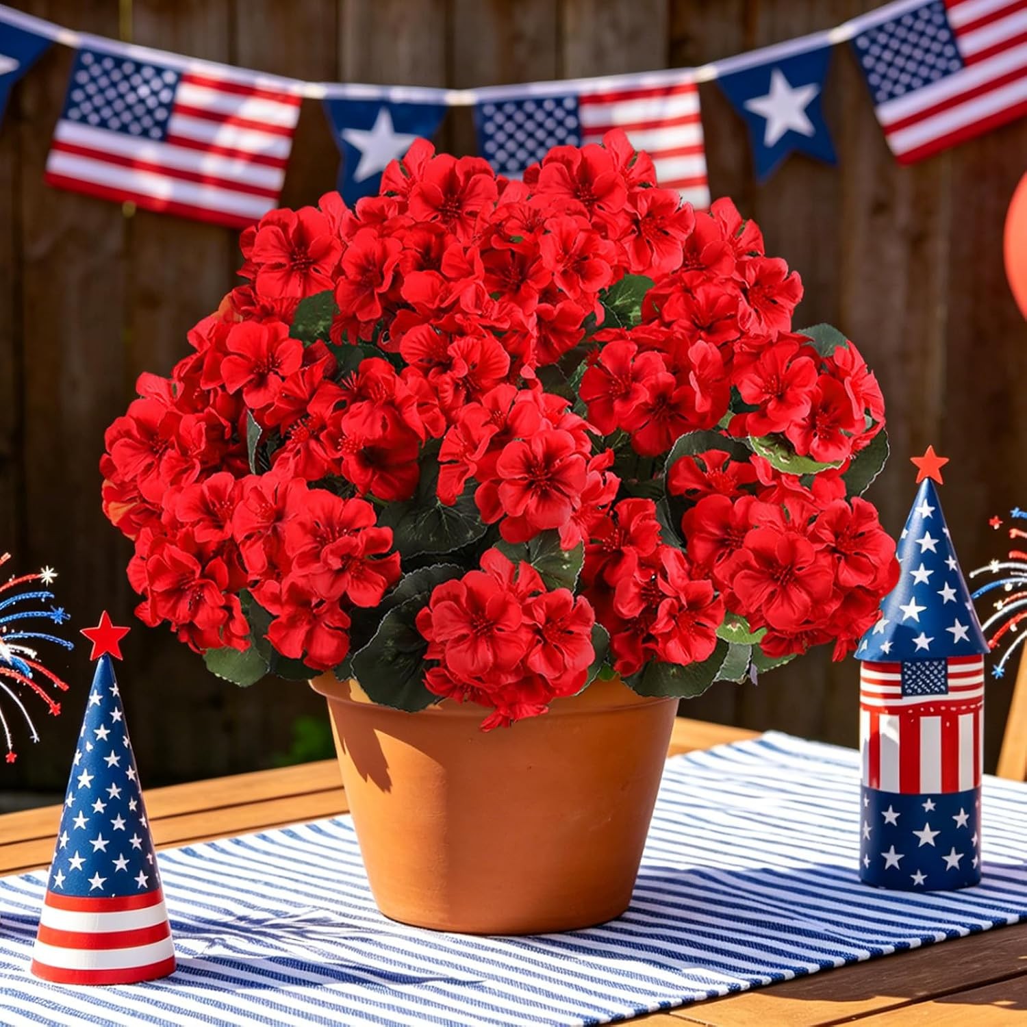6 Bundles Red Geraniums Silk, Artificial Outdoor Planter Decor