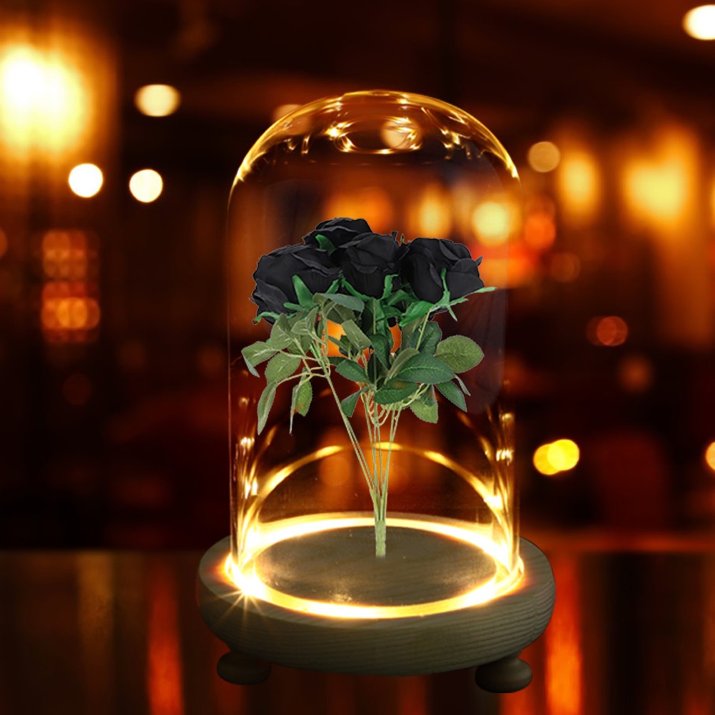 1 Set Delicate Preserved Flower Glass Cover with Wooden Base for Decor