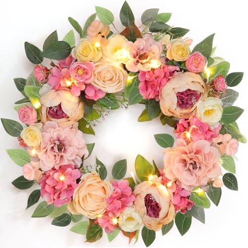 [Lighted & Timer] 22″ Spring Summer Wreaths for Front Door Peony Wreath with