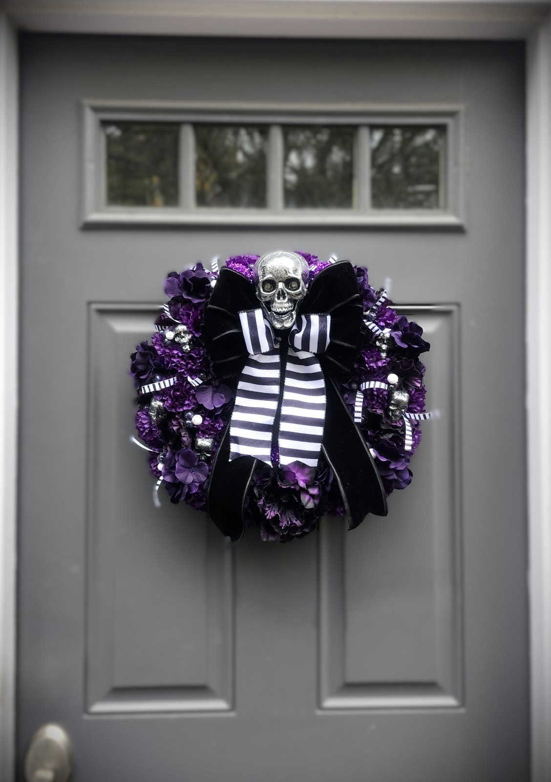 GOTHIC SKULL WREATH Black White Striped Bow – Front-Door Decor – One of a kind