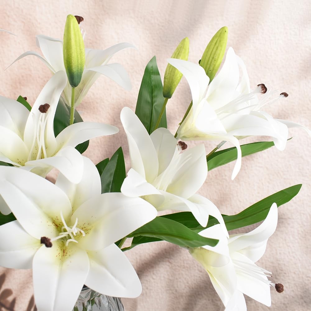 6pcs Artificial Lily Flowers 25.6″ Fake Tiger Lily Flower White Real Touch Br…