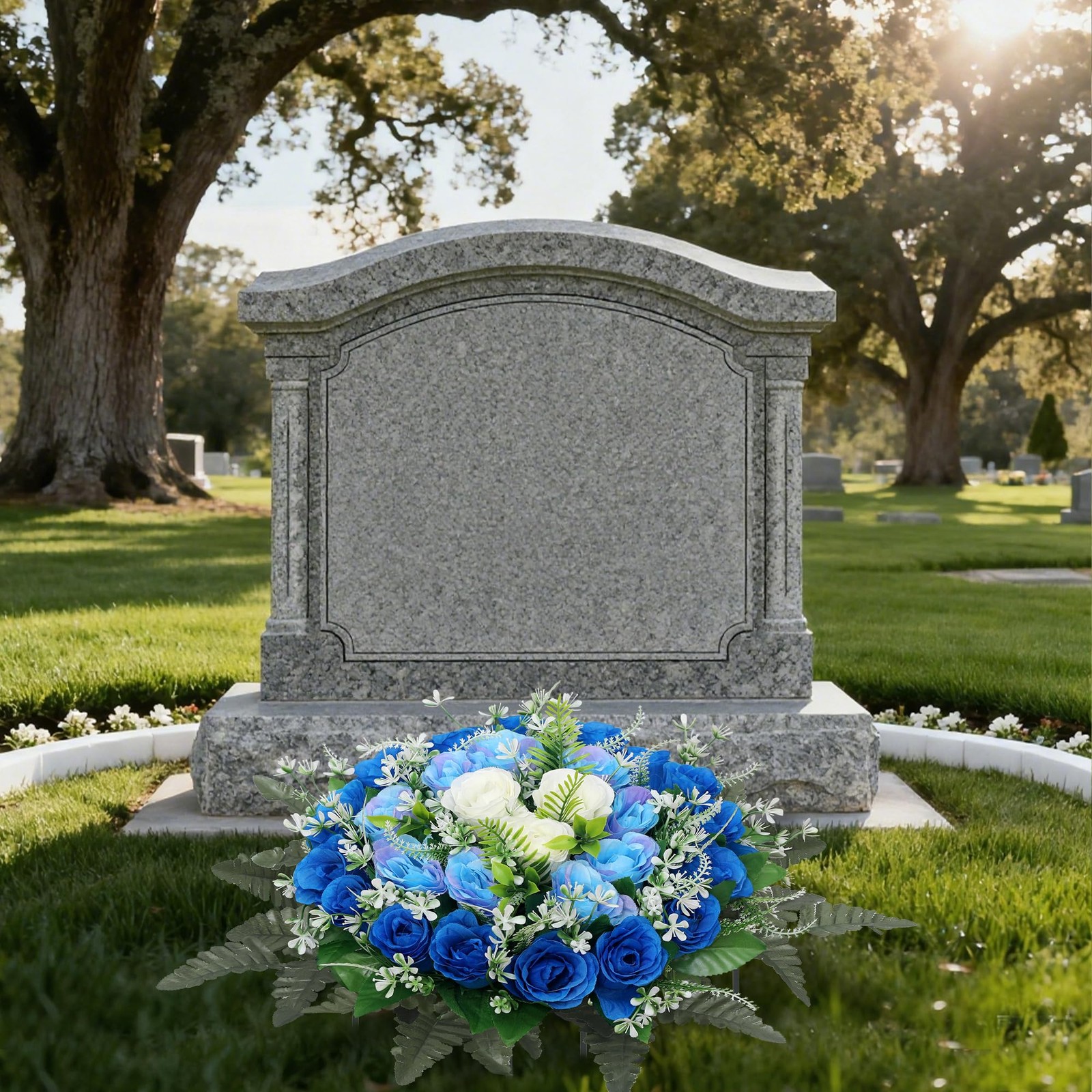 Artificial Cemetery Flowers Blue Silk Memorial Rose Headstone Grave Decor