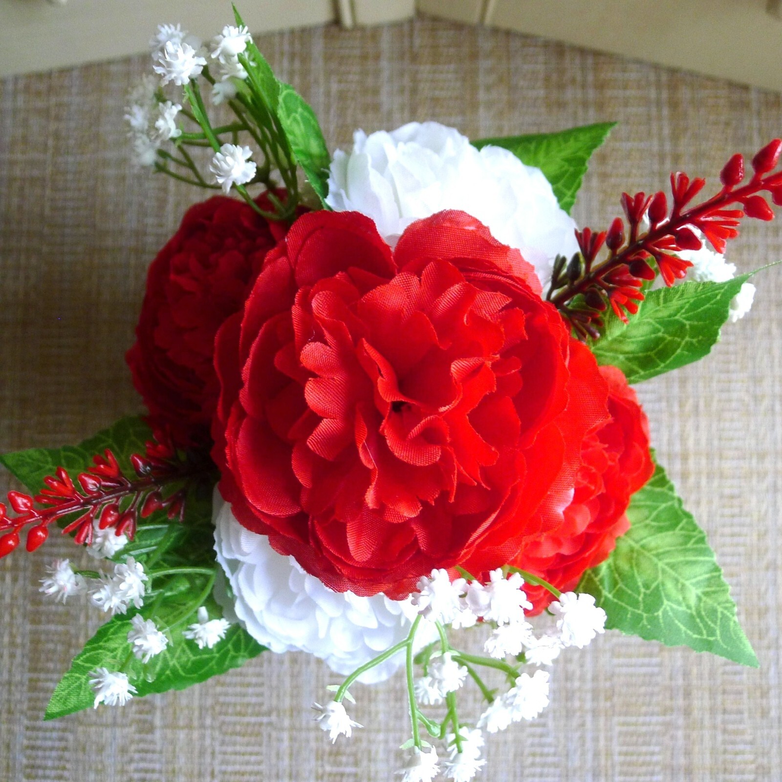 Ladybug Loveliness Flower Arrangement Red and White OOAK Floral Vintage Planter