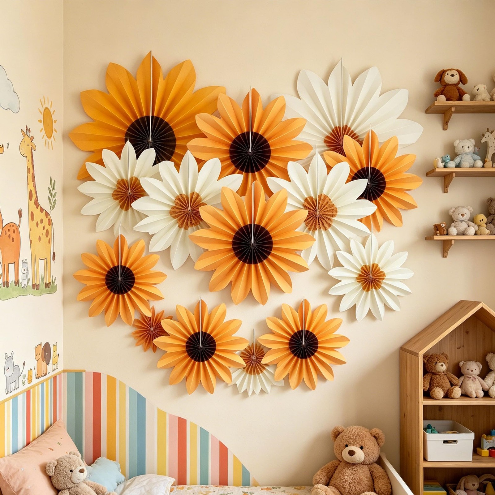 18 PCS Sunflower Daisy Paper Flower Fans 14/10/8 Inch Party Wall Decor