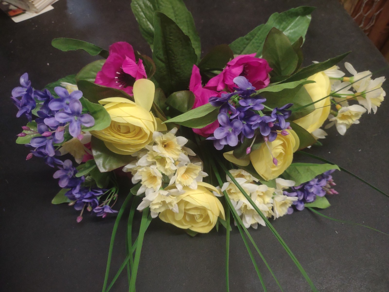 14″ Silk Ranunculus & Anemone Mixed Bouquet Bush, 13 Stems, Yellow Blue Fuchsia