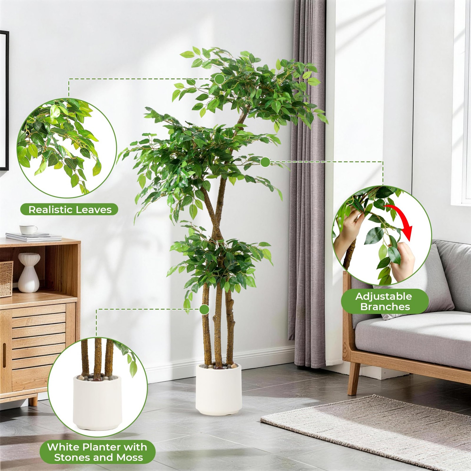 5FT Artificial Ficus Tree with White Planter and Pebbles,Faux Silk Tree with …