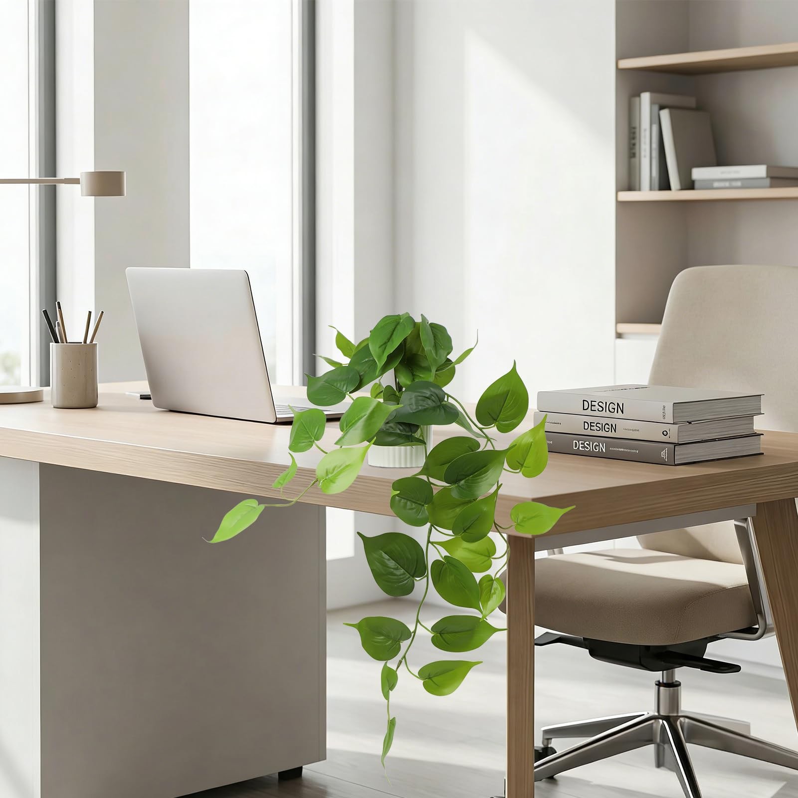 Fake Pothos Hanging Plant – Artificial Plastic Ivy Vines with White Pot, Real…