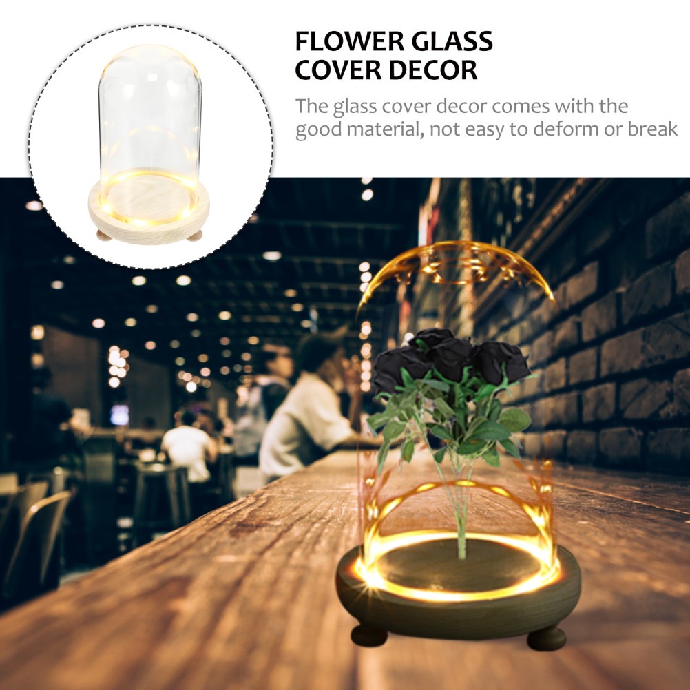 1 Set Delicate Preserved Flower Glass Cover with Wooden Base for Decor