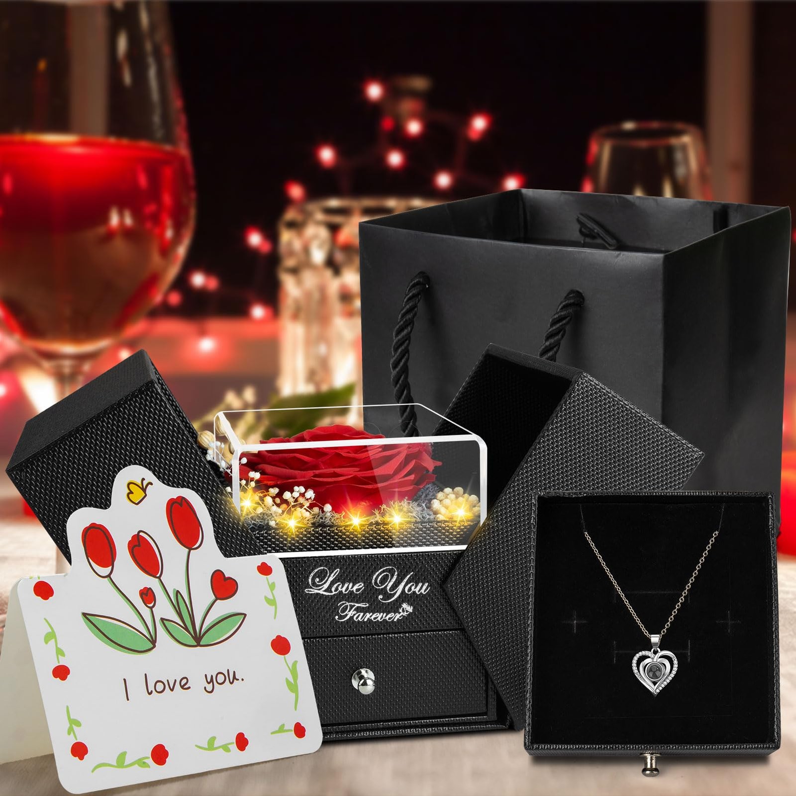 Preserved Red Real Rose with I Love You Necklace -Eternal Flowers Rose Gifts for