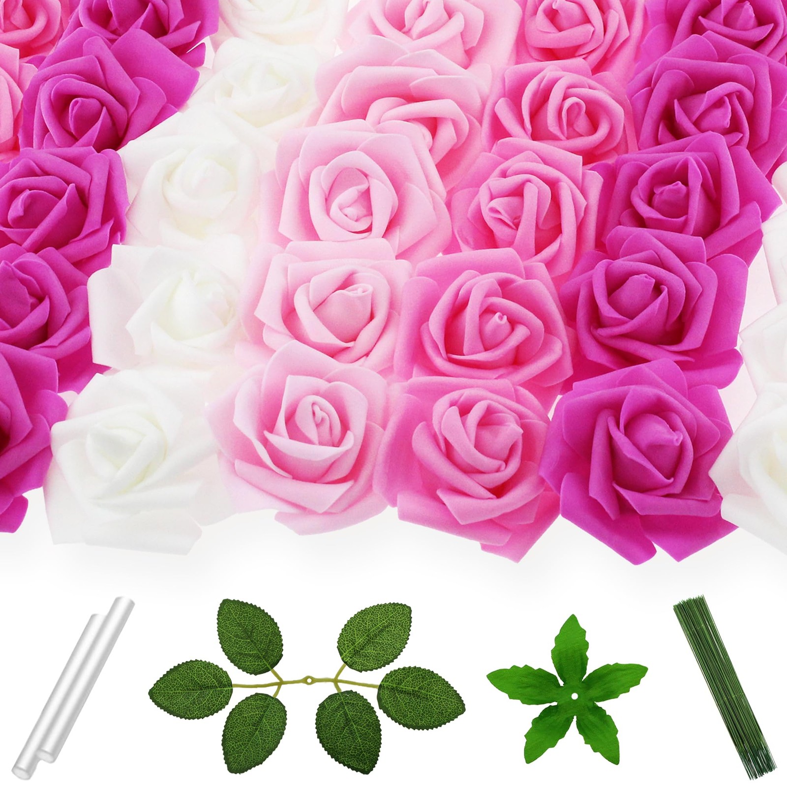 100 PCS 3 Inch Artificial Flowers Bulk Foam Fake Rose Head Pink White Craft Set