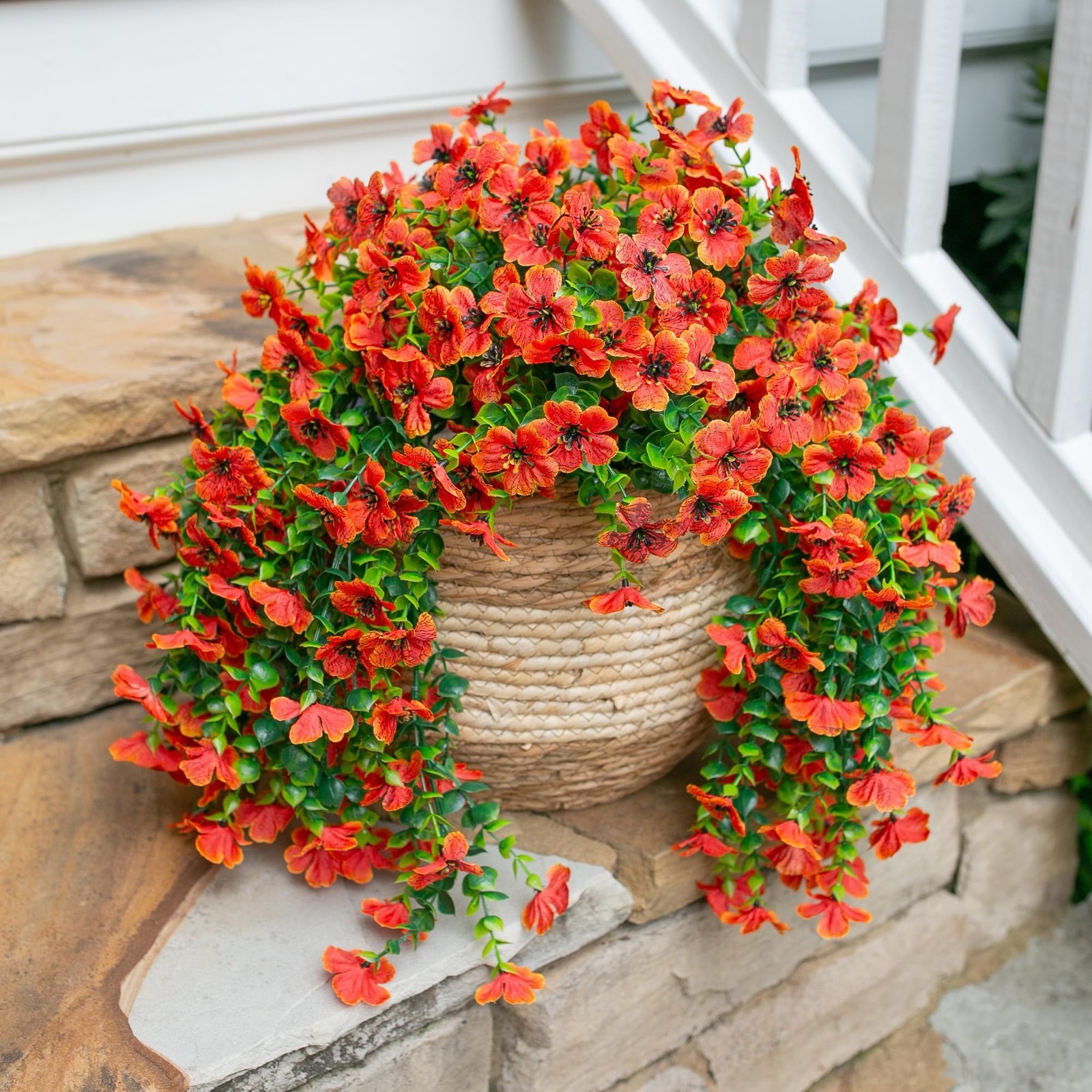 Fall Artificial Mums & Eucalyptus Hanging Decor – 2Pcs Orange Daisy Silk Flowers