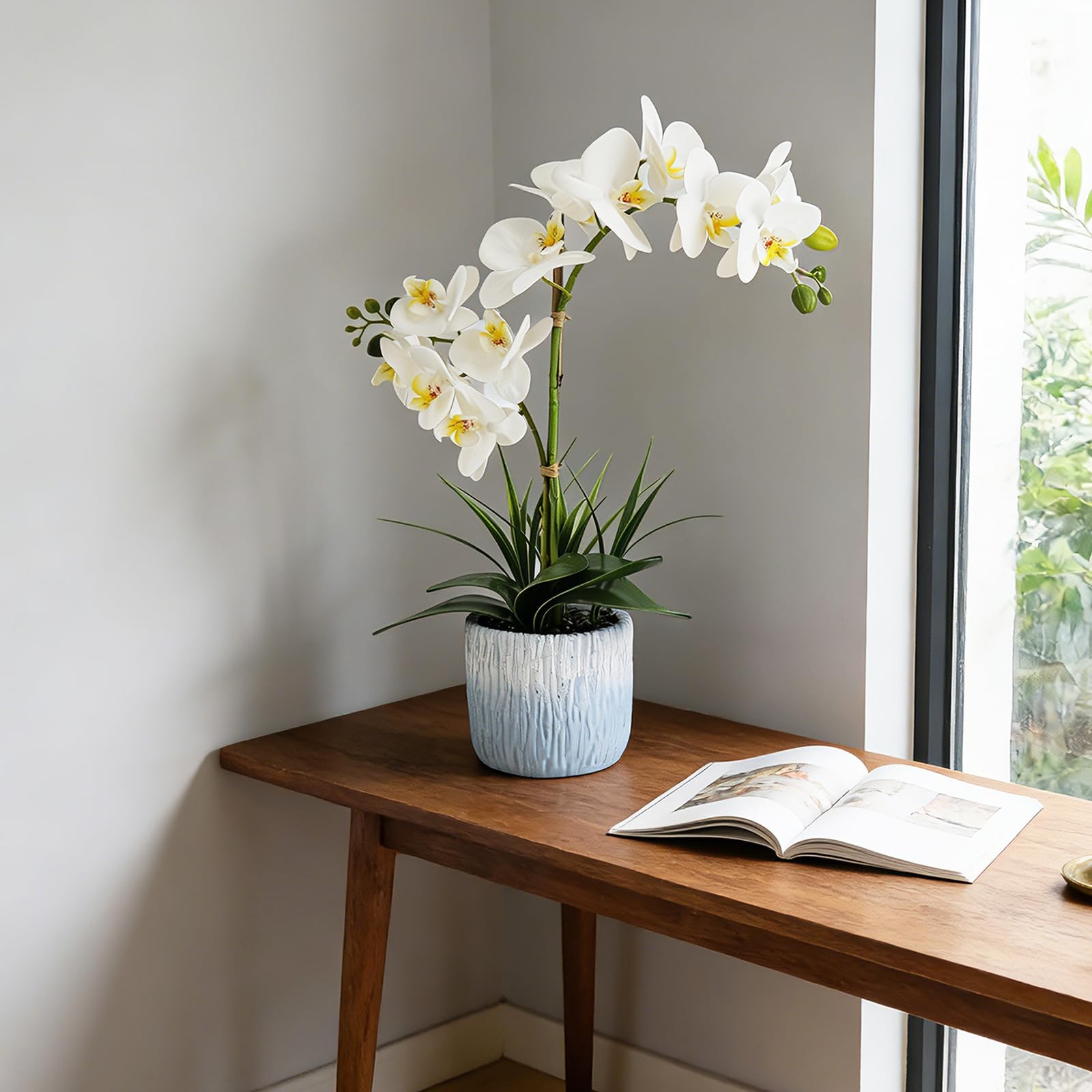 Orchid Artificial Flowers 20.6″ White Fake Orchid Flowers in White Ceramic Po…