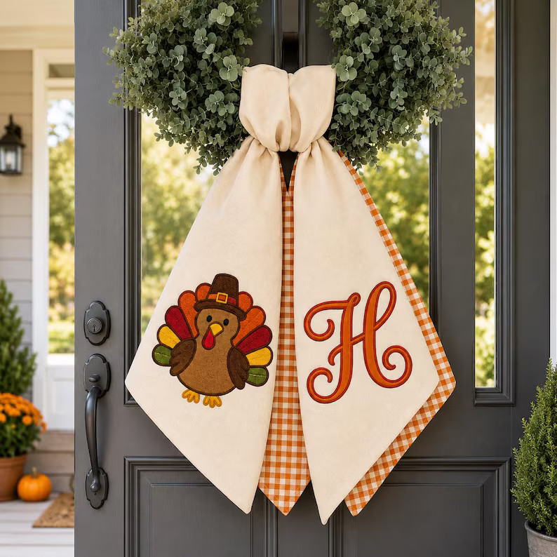 Custom Embroidered Monogrammed Thanksgiving Turkey Wreath Sash Autumn Decor