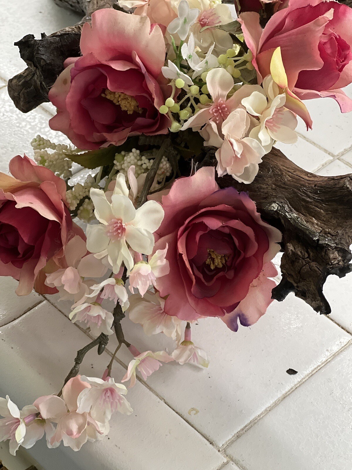 ORIGINAL FLORAL DESIGN WOOD BASE, ROSES, PEACH BLOSSOMS MOSSES BABY BREATH
