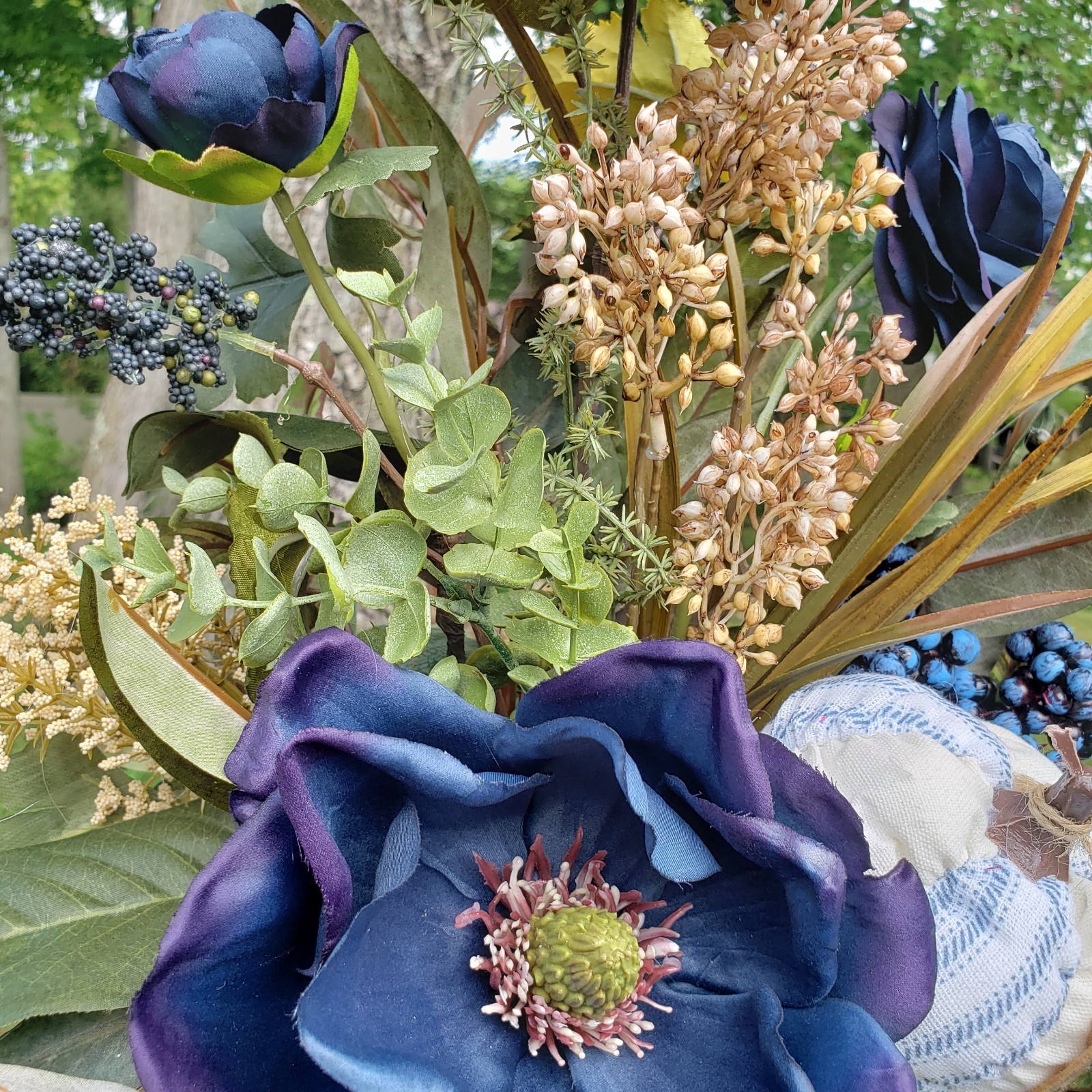 Navy Blue Fall Floral Arrangement Pumpkin Accent, Autumn Magnolia Arrangement
