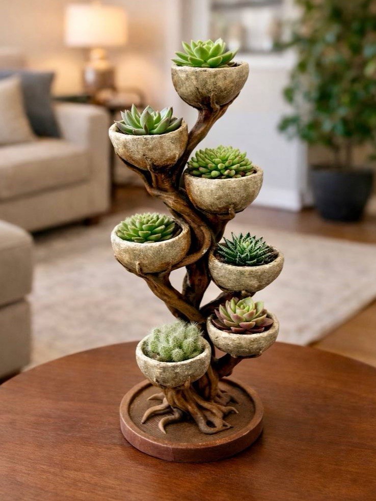 Artificial Succulent Arrangement Centerpiece in Decorative Pots on Wooden Stand