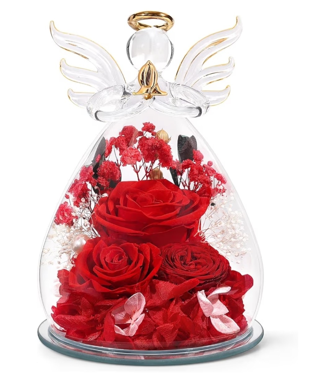 Glass Angel Figurines Real FlowersRed (Rose, Austin, Baby’s Breath, Hydrangea