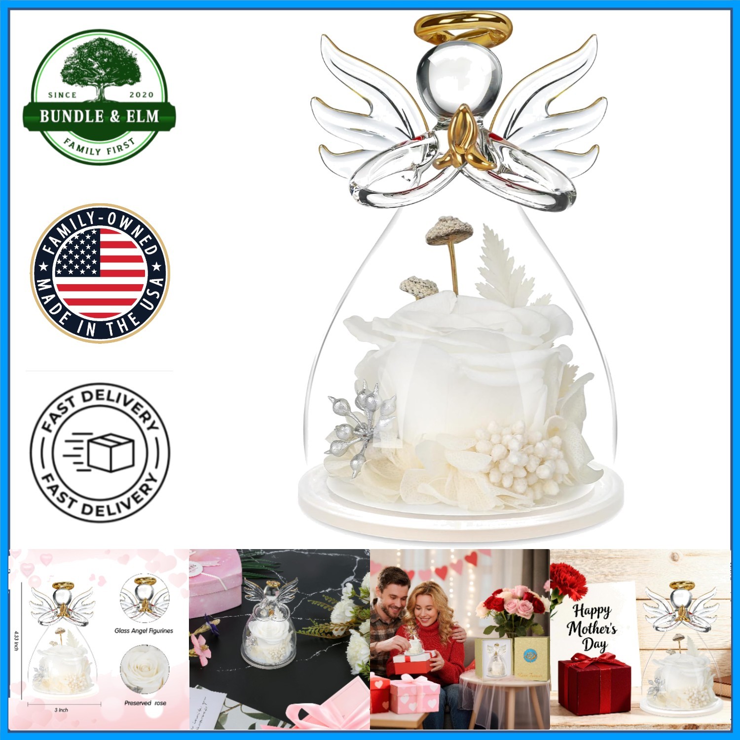 Preserved White Rose in Glass Angel Figurine for Special Occasion Gifts
