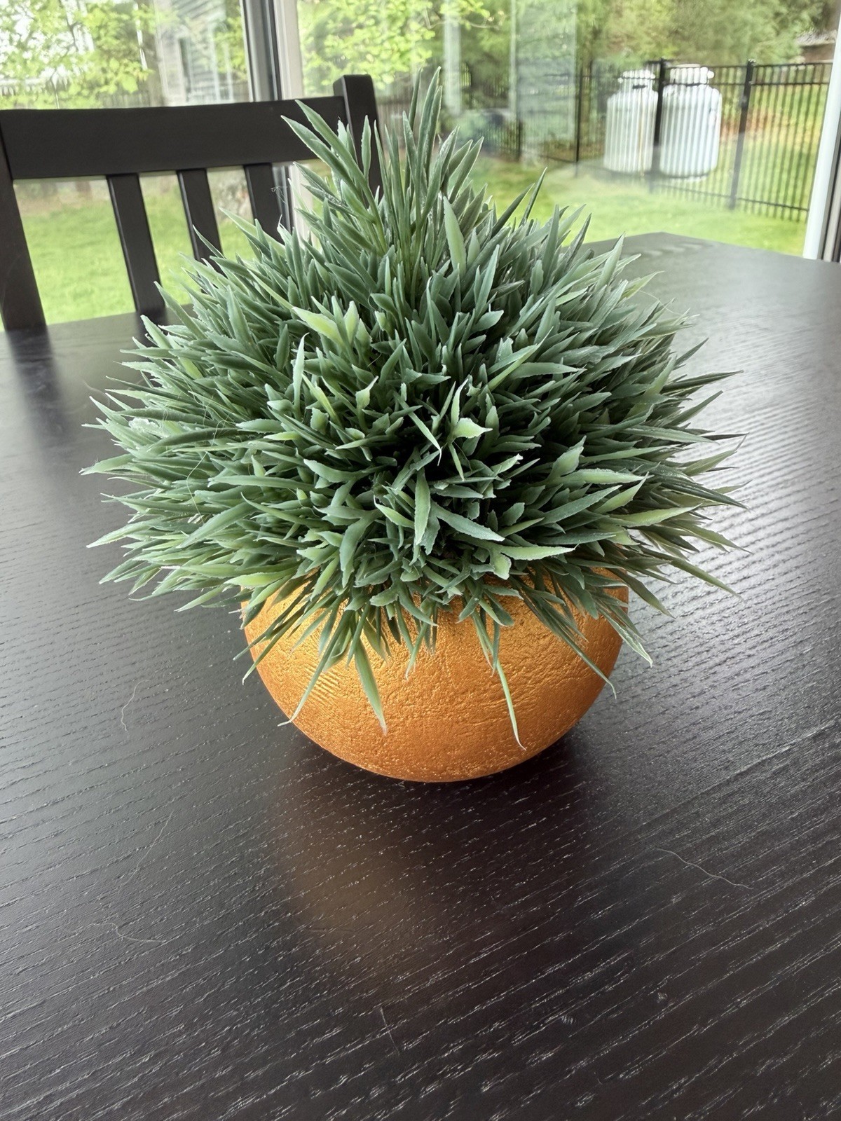 Artificial Green Grass Ball Houseplant in Round Gold Pot, 5ish in Tall