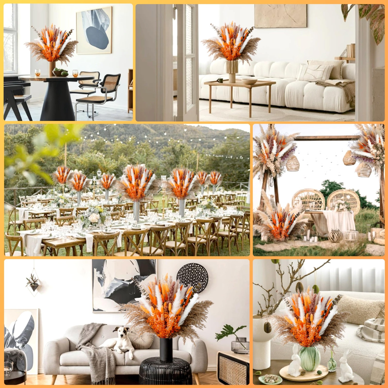 120Pcs Orange Dried Pampas Grass Bouquet, 17” Natural Baby’s Breath, Bunny T…