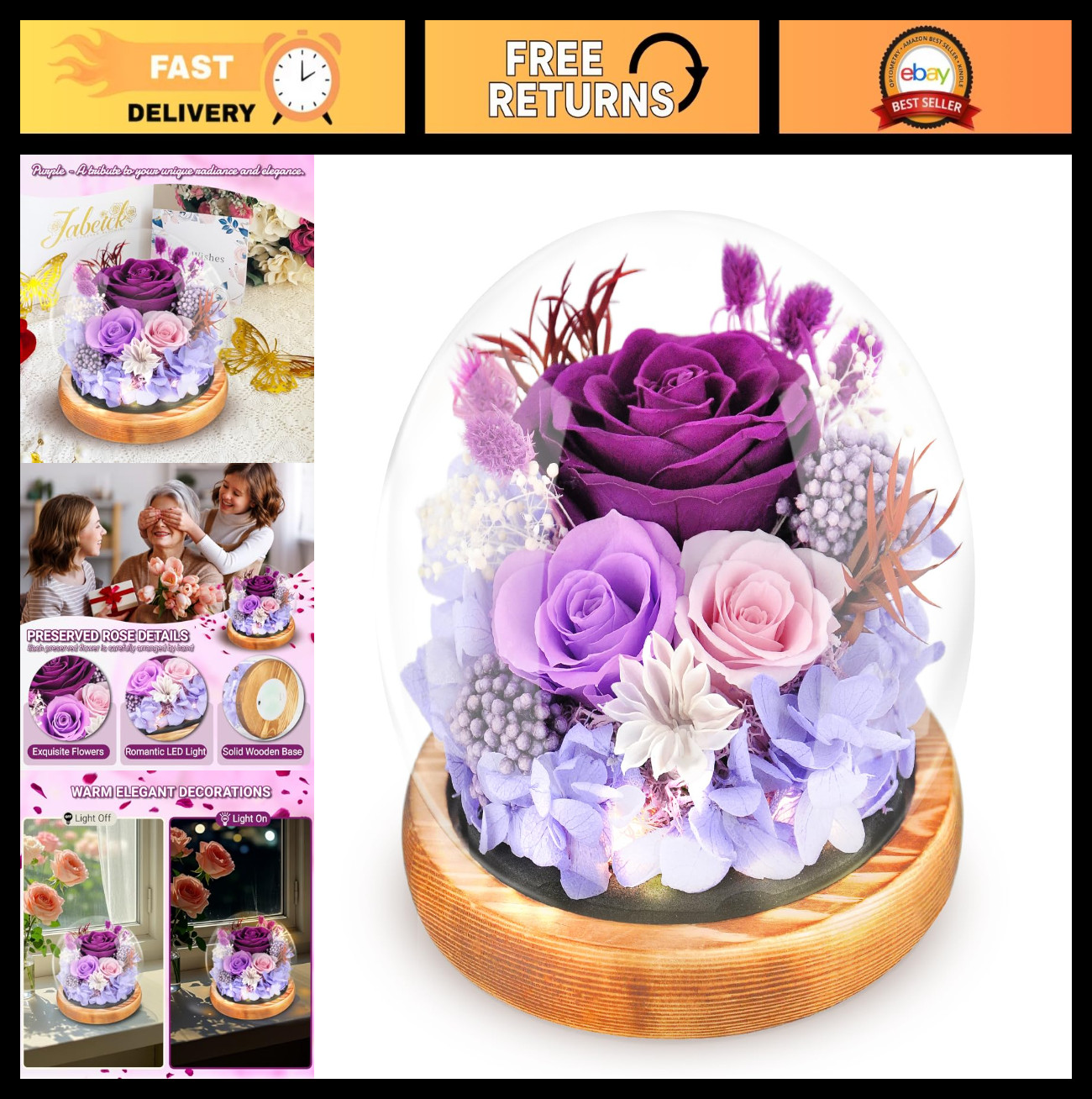 Eternal Rose in Glass Dome – Preserved Flowers with LED Light, Long-Lasting Gift