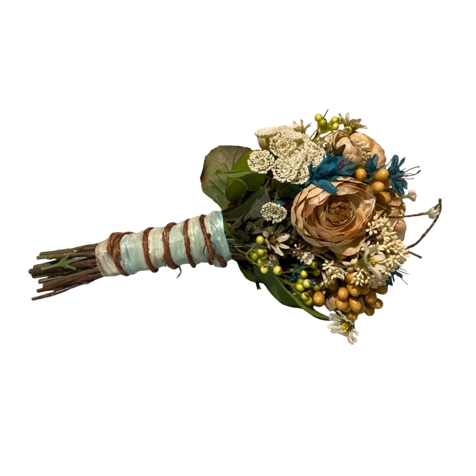 Bridal Flower Bouquet Beige & Blue Blossoms Berry Accents Wedding Or Home Decor