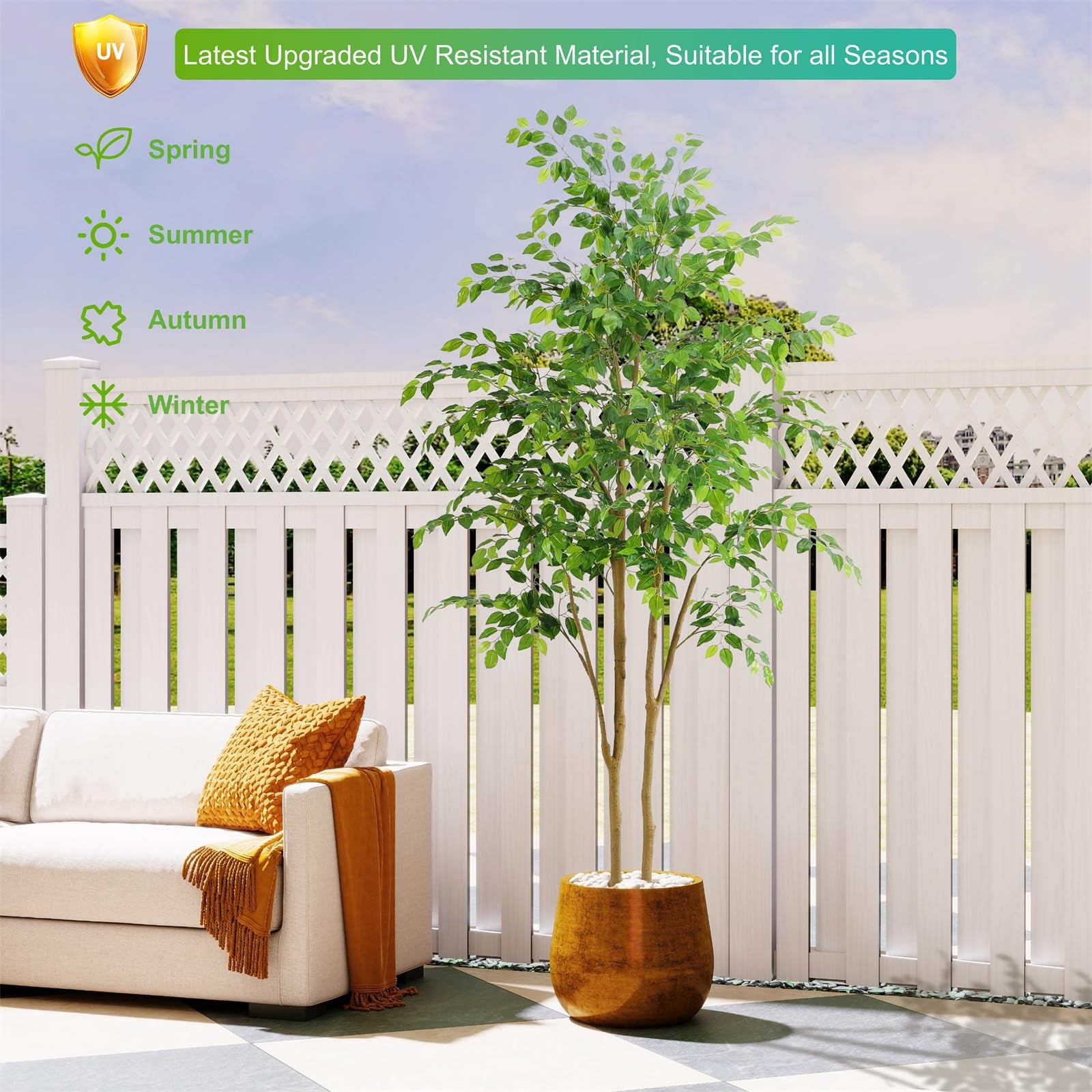 Tall UV Resistant Ficus Tree Artificial，7ft(84in) Realistic Texture Potted Fa…