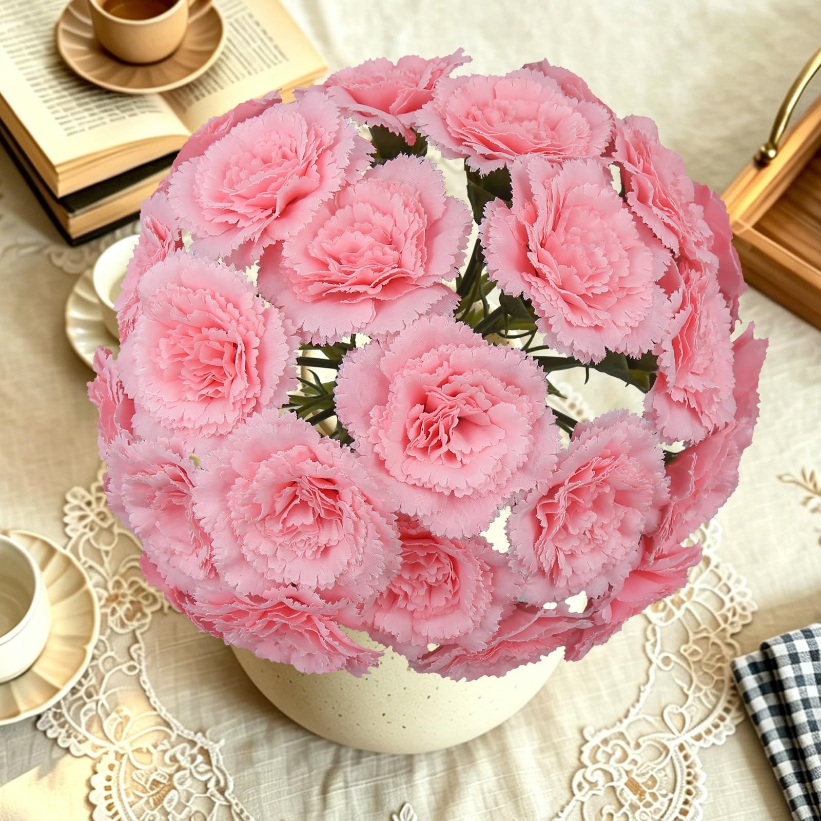24 Pcs Pink Carnations Artificial Flowers with Stems, 11.4 Inches Faux Silk C…