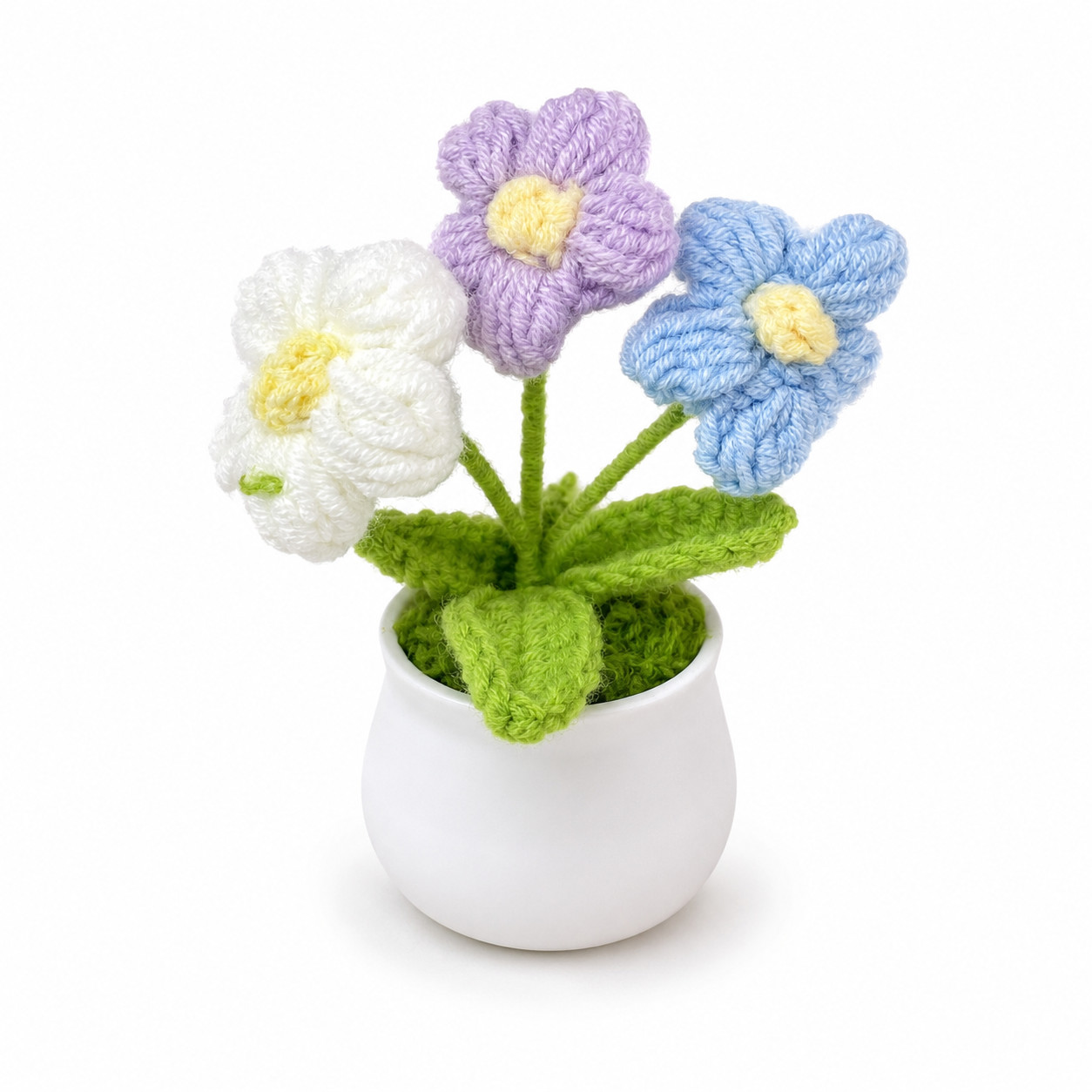 Pastel Trio Crochet Flower Mini Potted Desk Decor with Flexible Stems