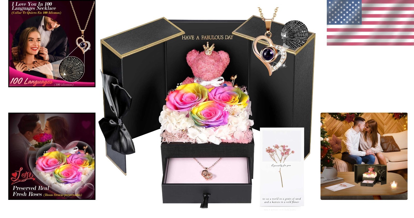 Eternal Rainbow Rose & I Love You Necklace with Moss Bear – Perfect Gift for Her