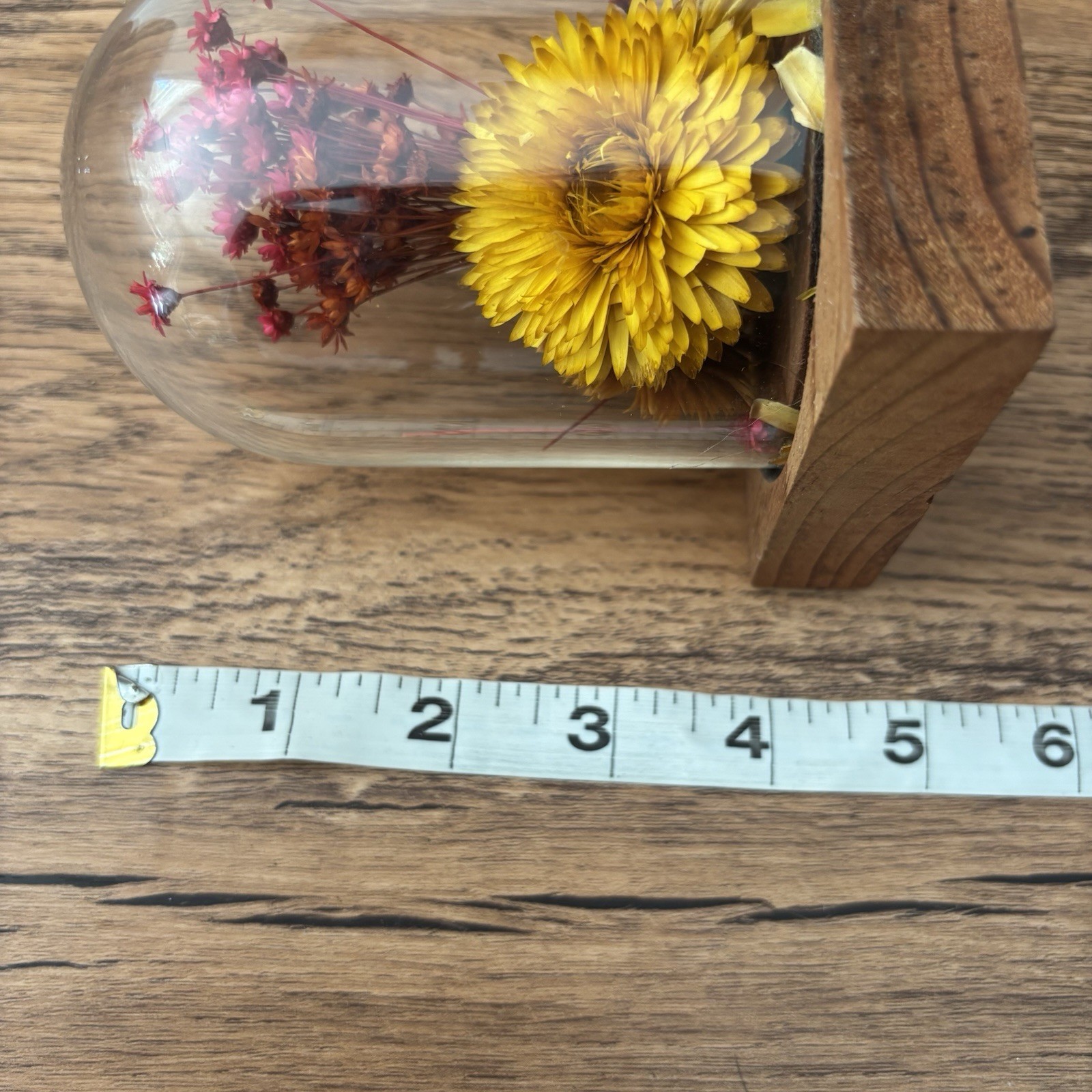 Vintage Dried Flowers Cloche Glass Dome Wood Base Boho Cottage Floral Shelf Deco