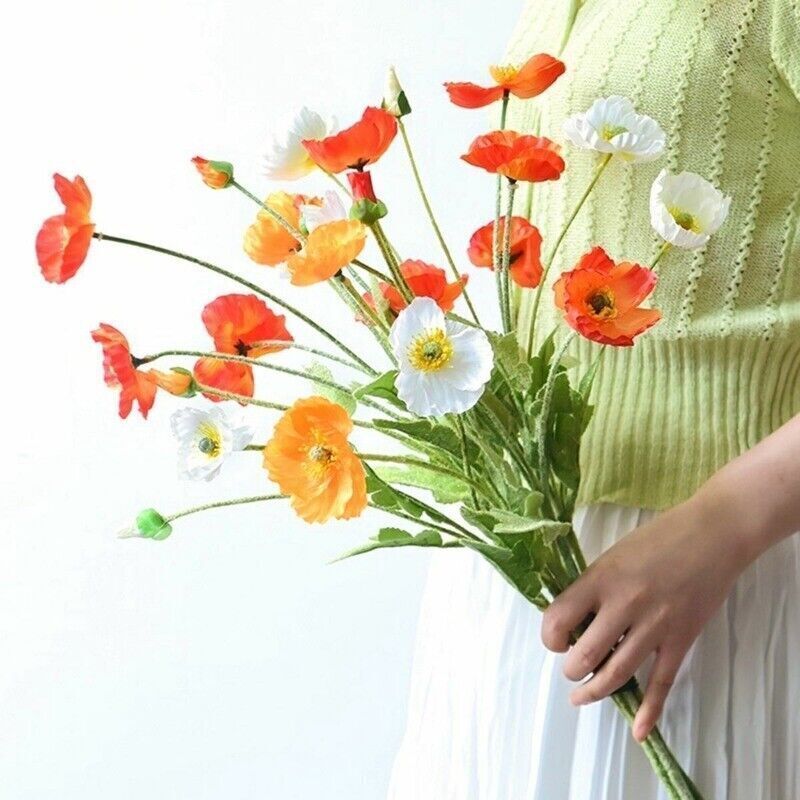 Artificial Poppies Flower Gorgeous Silk Papaver Rhoeas Flocking Stem Home Decors
