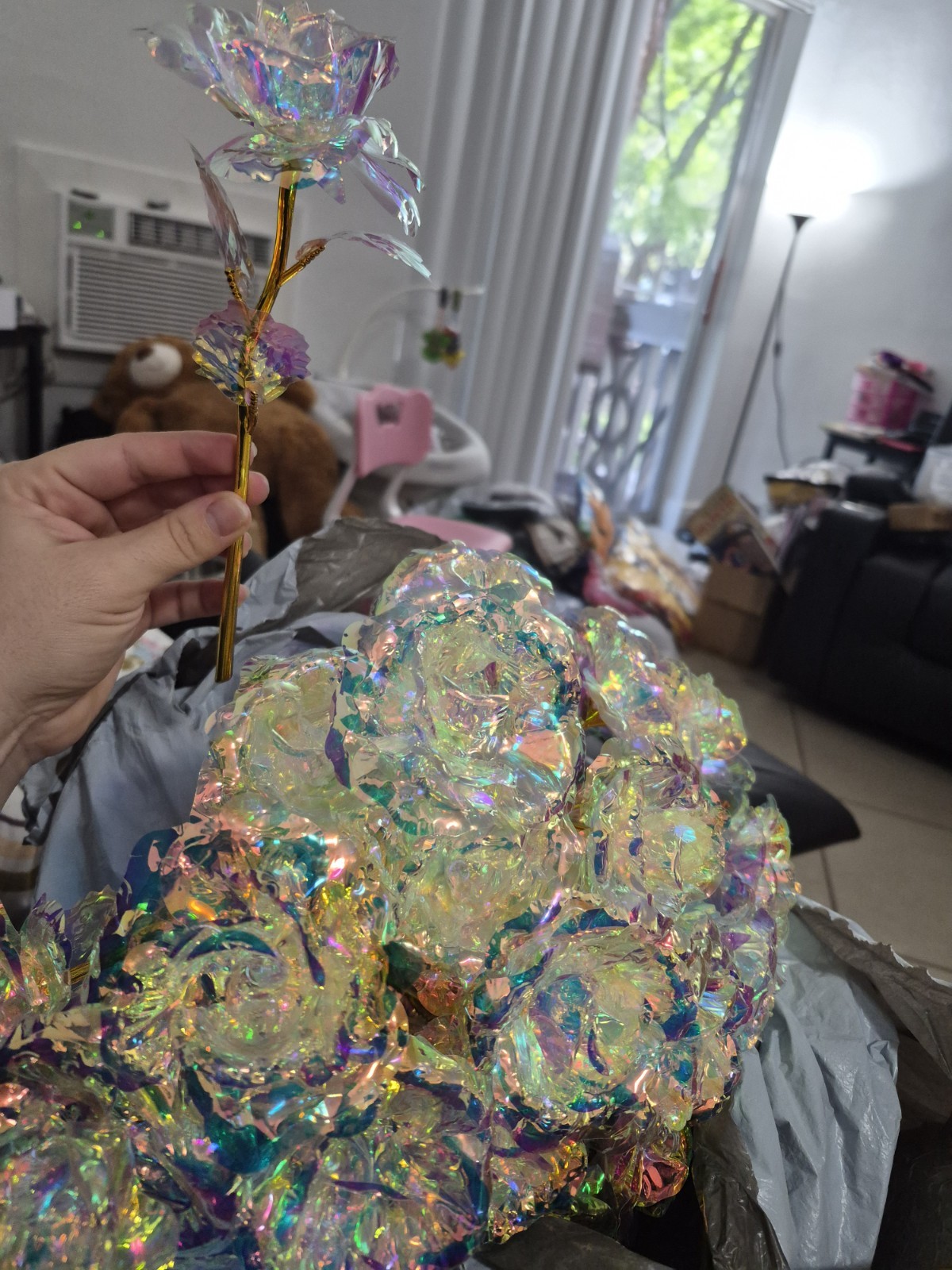 Artificial Iridescent Multicolor Flower Stem Floral Pick, Gold Metal Stem