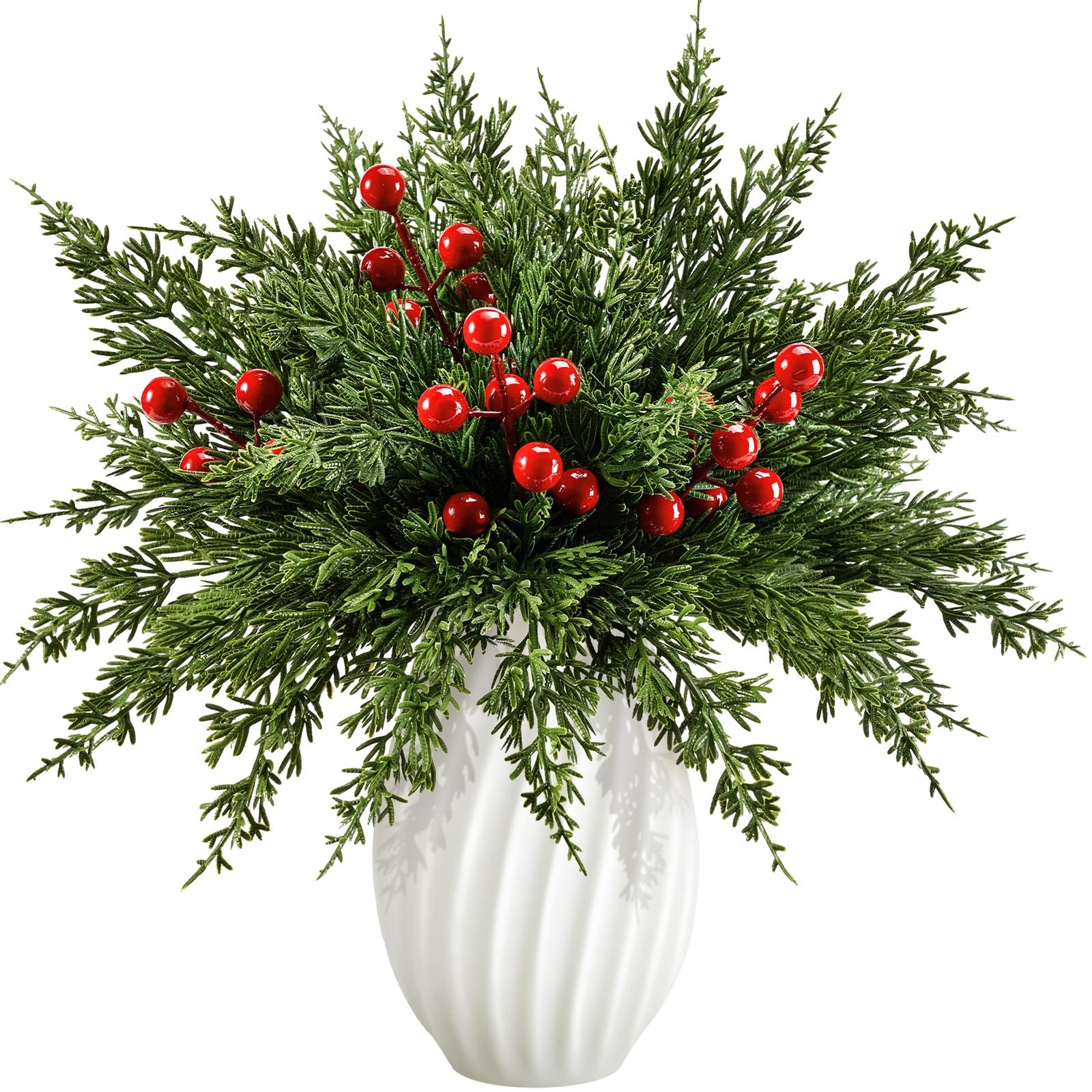45PCS Artificial Christmas Pine Branches with Red Berry Stems