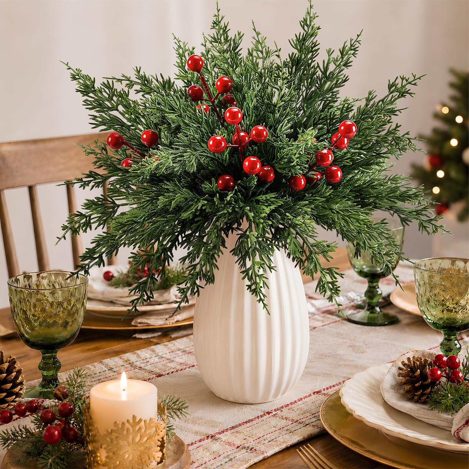 45PCS Artificial Christmas Pine Branches with Red Berry Stems