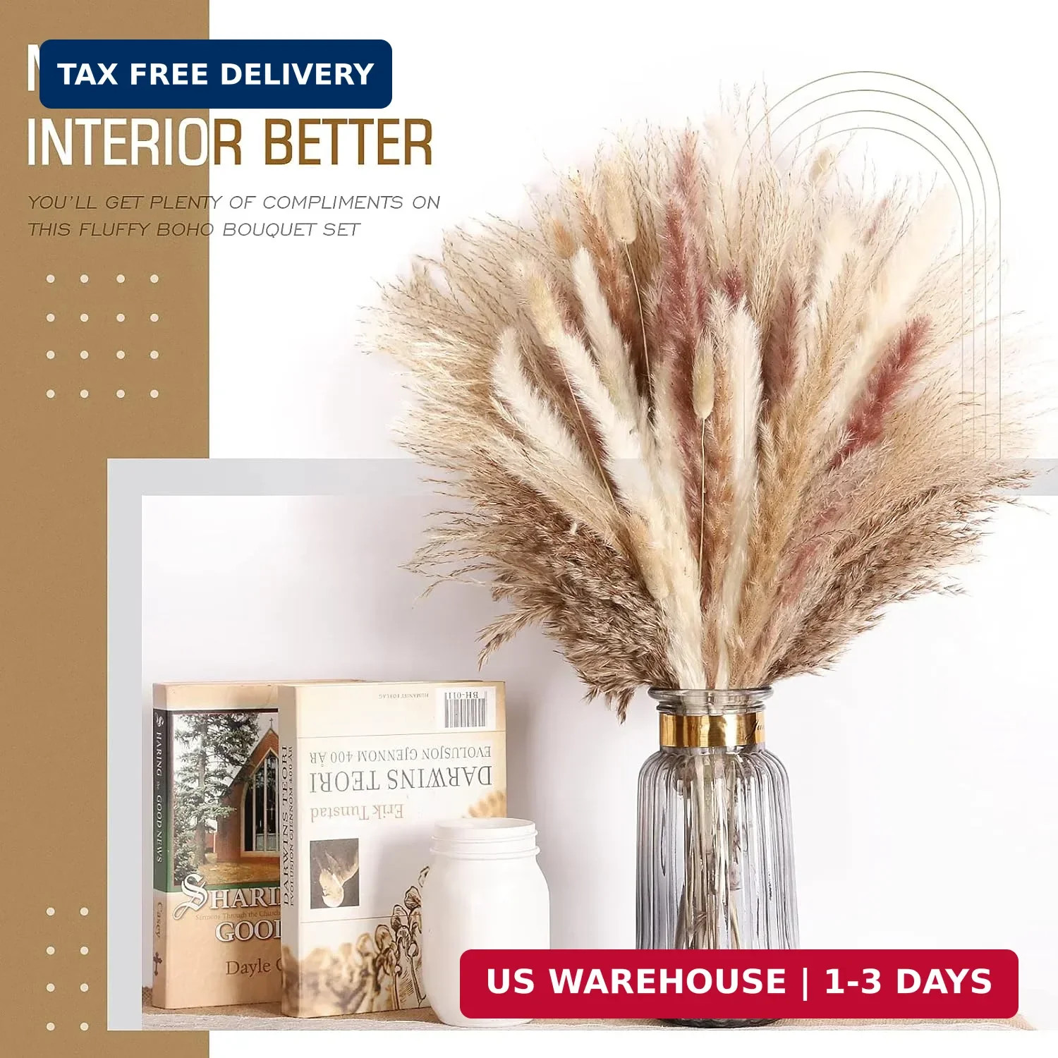 N&T NETING Dried Pampas Grass Decor- White Pampas Grass, Brown Pampas, Bunny Tai