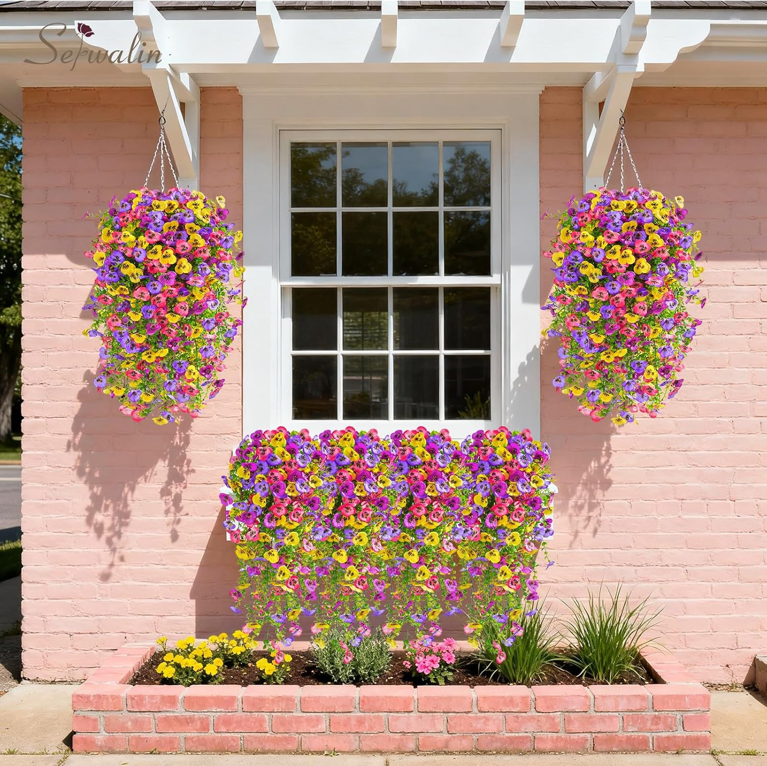 Flores Artificiales Colgantes Exterior de 6PCS Pensamientos Colores Mezclados