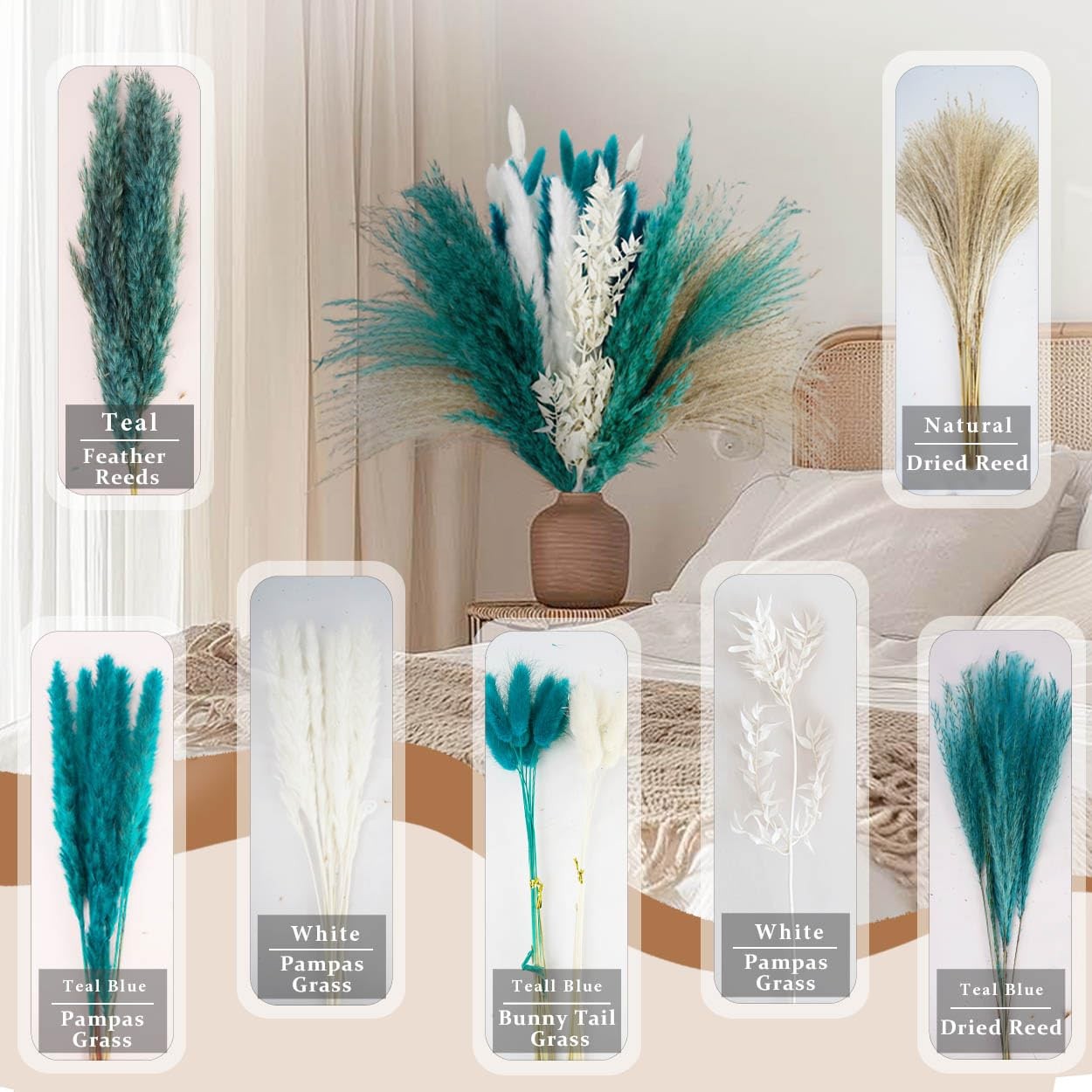 Pampas Grass Dried Flowers for Vase, Boho Home Decor, Wedding Decorations (Mi…