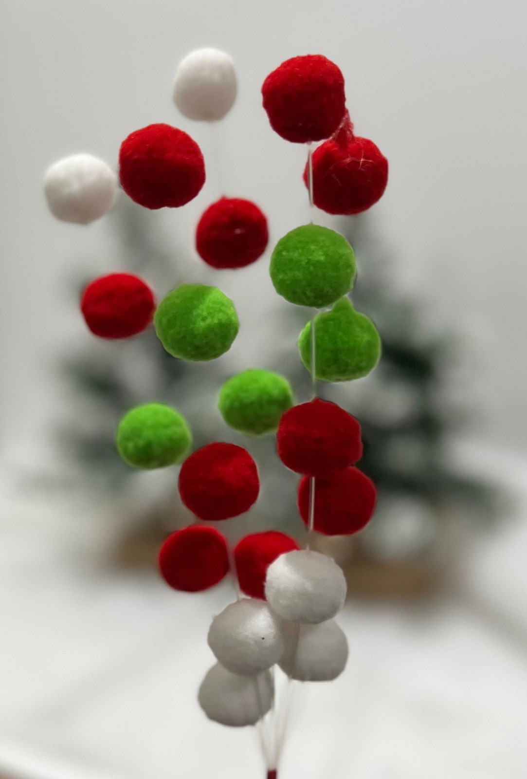Red Green and White Pom Pom Pick Christmas Tree Stem Holiday Craft Supplies