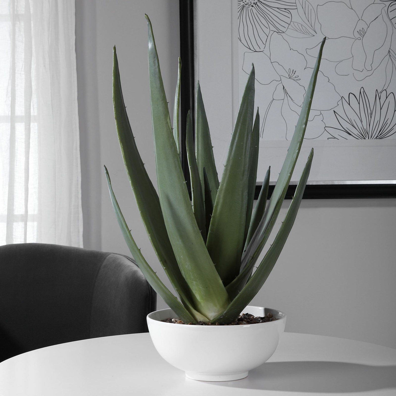 UTTERMOST 60177 EVARADO ALOE PLANTER WITH NATURAL STONES IN GLOSSY WHITE BOWL