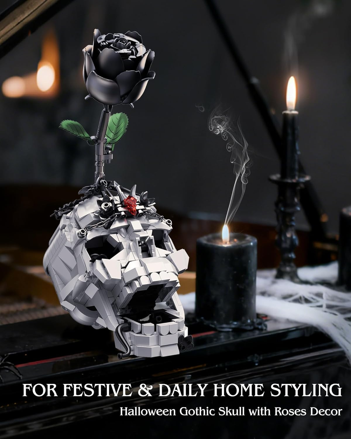Skull Black Rose Flower Building Set, 3 in 1 Gothic Horror Decor Botanical Artif