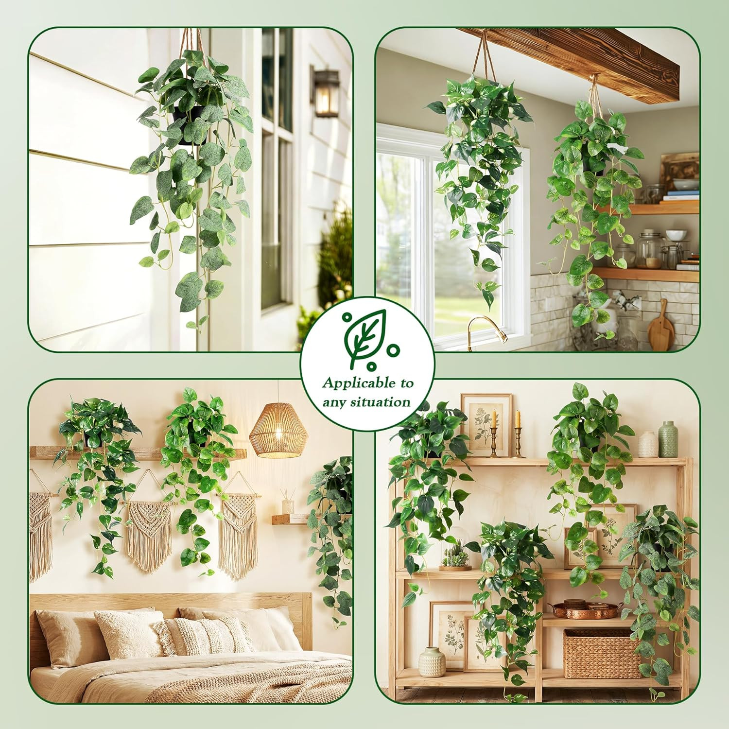 4PC Fake Hanging Pothos Plants with Pots, 33″ Faux Ivy for Home Decor