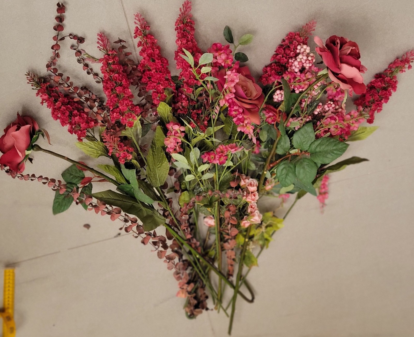 Vintage Plastic & Silk Faux Flowers Lot Of 21 Variety Roses 27″ Shades Fushsia