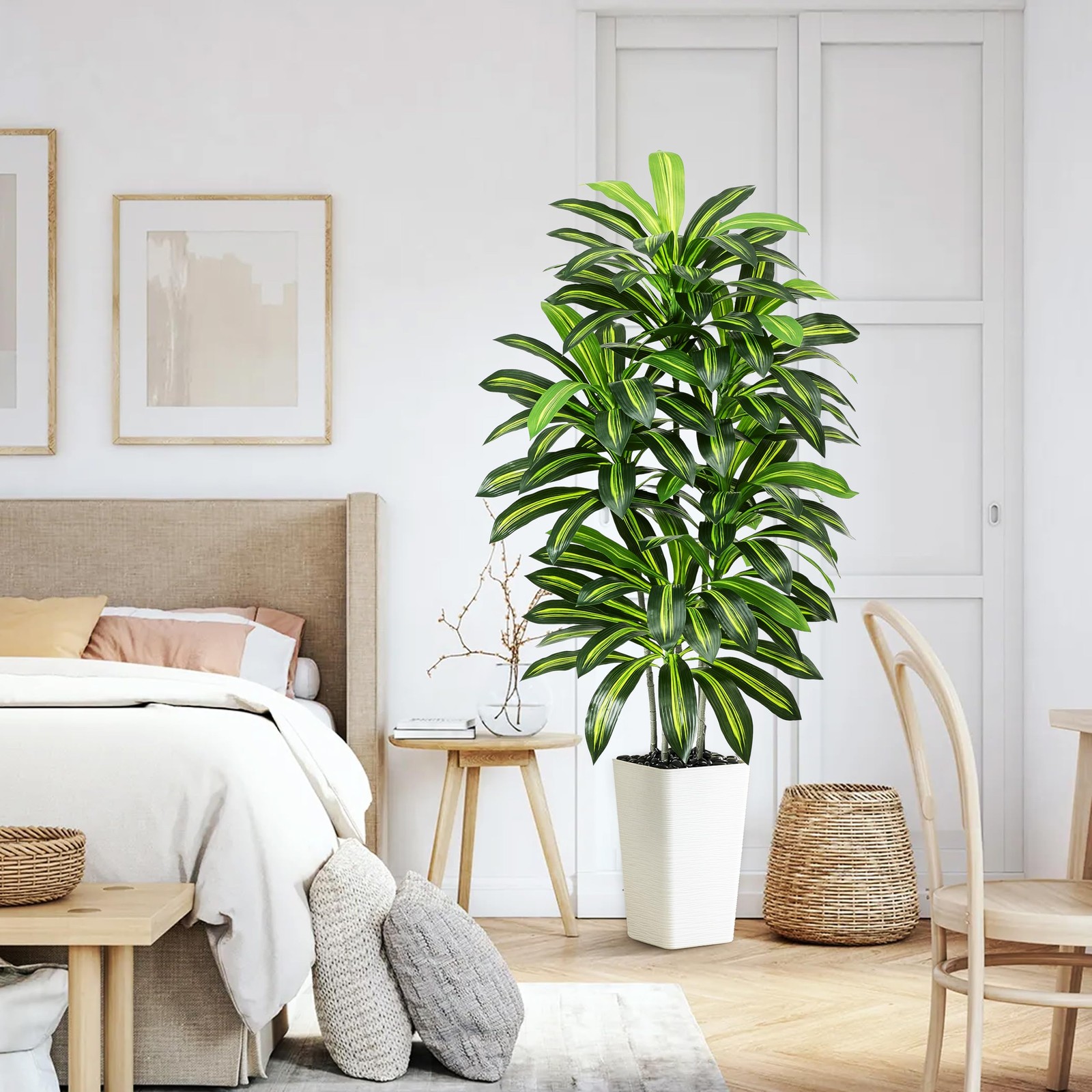 Artificial Dracaena Tree – 5FT Tall Fake Plants with White Tall Planter – Art…
